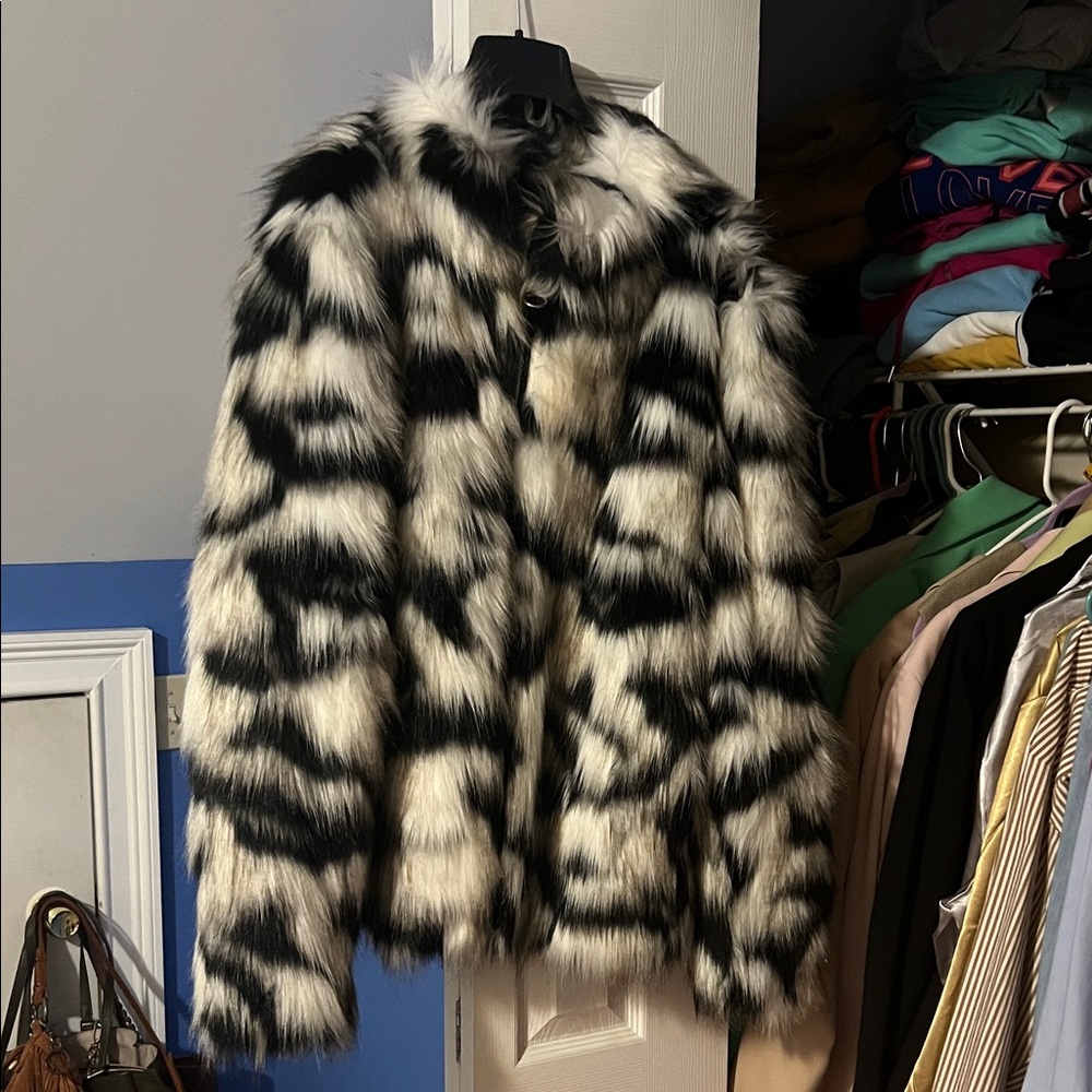 Chic Black, White, and Brown Faux Fur Teddy Jacket